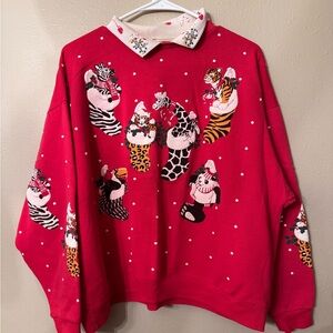 Vintage 80s Christmas zoo Animals in Stockings AOP collared red sweatshirt